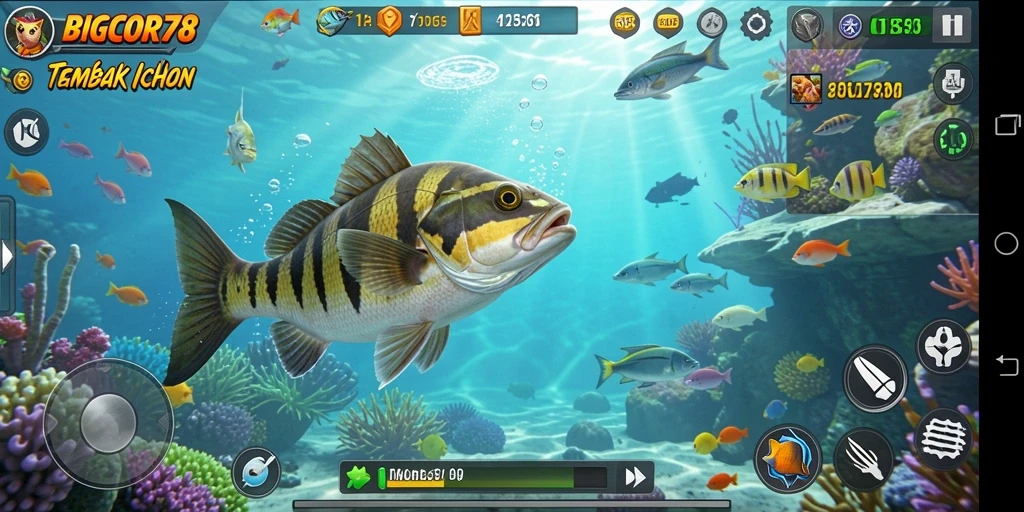 Tangkapan layar gameplay BIGCOR78 dengan ikan berwarna-warni.