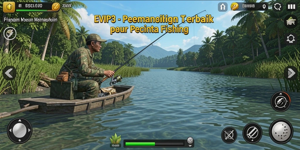 Tampilan gameplay menarik dari EVIP3 saat memancing ikan di danau.