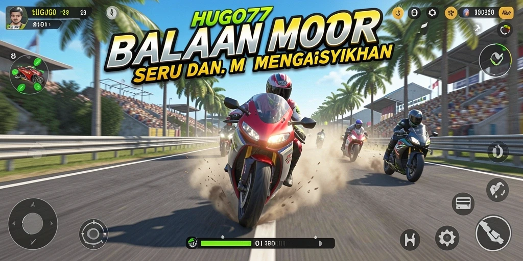 Screenshot gameplay HUGO77 menunjukkan balapan motor yang mendebarkan dan grafik menawan.