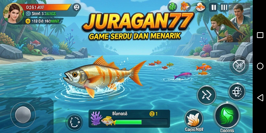 Screenshot JURAGAN77 menampilkan pemain saat memancing di danau yang indah.