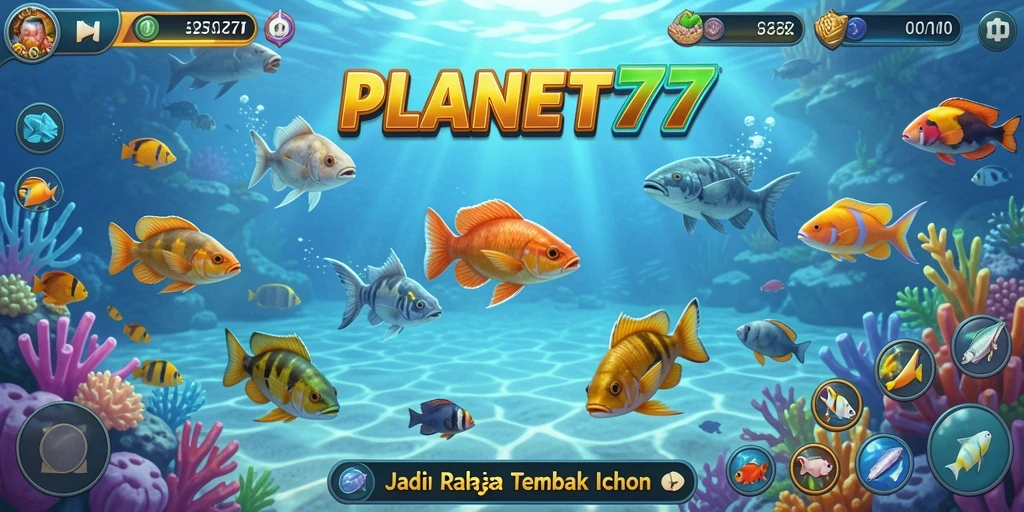 Tampilan gameplay seru di PLANET77 saat menembak ikan.