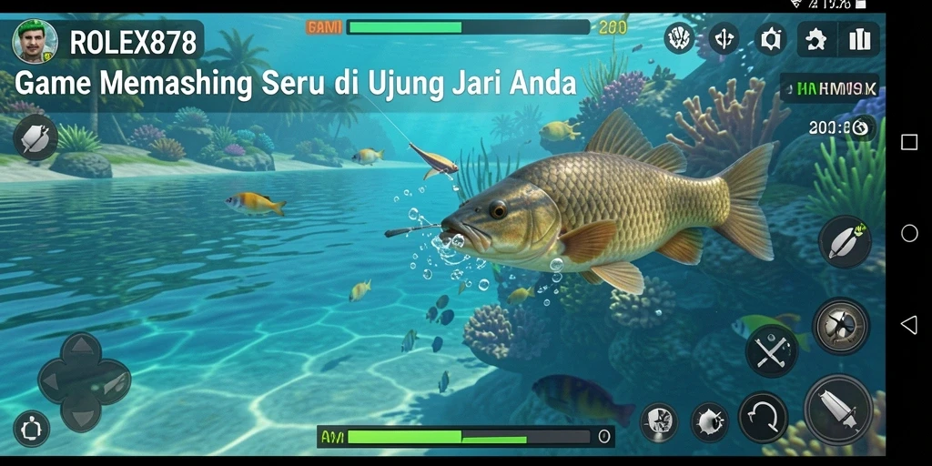Screenshot utama ROLEX878 menampilkan gameplay memancing yang mendebarkan.
