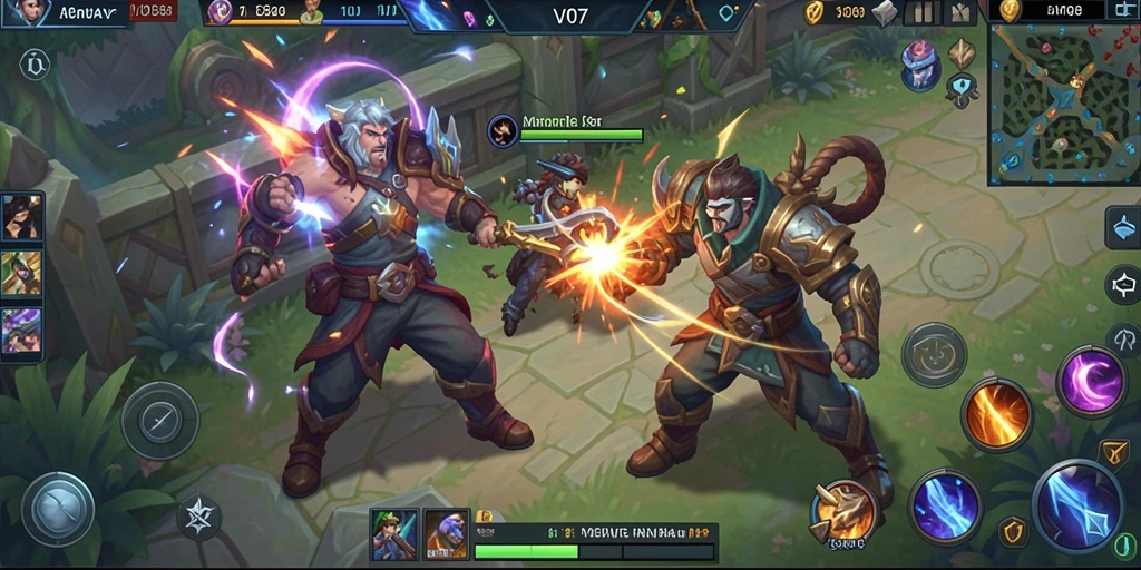 Tampilan seru gameplay V07 dalam mode MOBA.