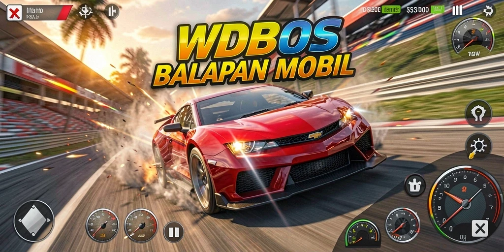 Screenshot gameplay balapan WDBOS dengan mobil yang melaju kencang.