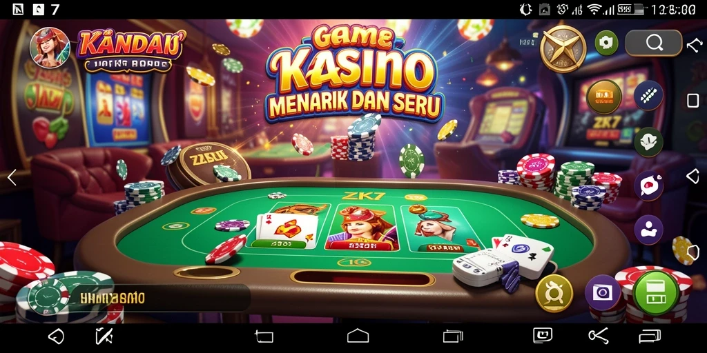 Screenshot gameplay utama ZK7 menunjukkan suasana kasino yang mendebarkan.
